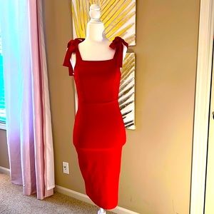 Blue Blush Red MIDI Dress with tie shoulder straps, XS